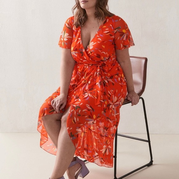 Orange Print Faux Wrap Dress 1X - Picture 3 of 4